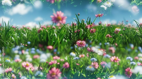   A painting depicts a field of green grass dotted with pink and white flowers beneath a clear blue sky adorned with fluffy clouds