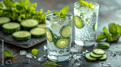 Refreshing Cucumber Slices and Mint in a Glass of Water