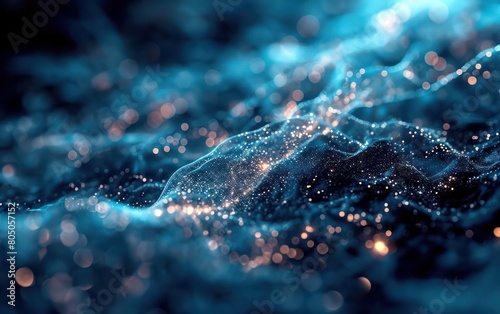 3D blue wavy network particles with orange light a dynamic visualization of data or technology wallpaper background