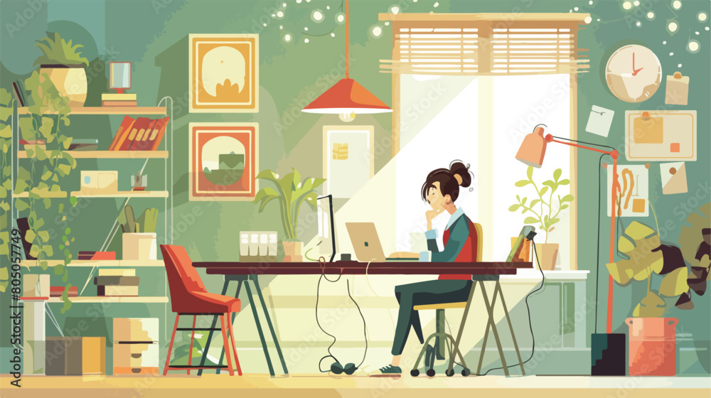 Asian interior designer working at table in office Vector
