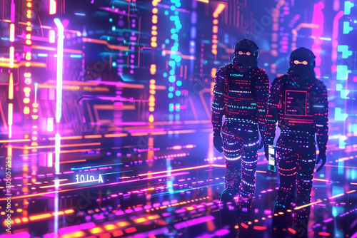 Cybersecurity AI detecting scams  depicted as digital detectives scanning code in a neon-lit cyber world  