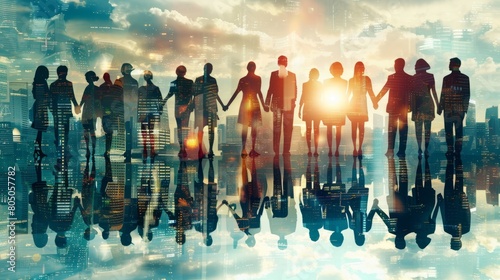 Double exposure panoramic teamwork business join hand together with silhouette business people and modern city background. Business team standing hands together, Volunteer charity work.