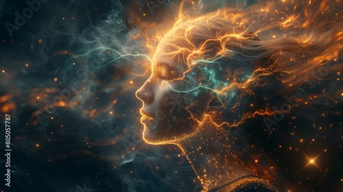 Poster of Digital woman head with space fire, Artificial Intelligence concept. Abstract illustration of a head with glowing and fire shining, machine learning. Mental health care, ezoteric theme