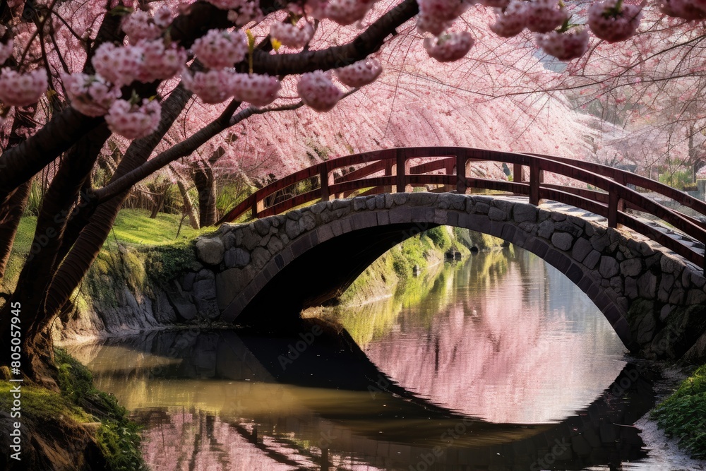 Bridges Over Streams: Arched bridges crossing small streams, adorned with cherry blossoms.