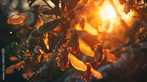 Mesmerizing sunset scene with cicadas singing, bathed in golden light, creating a serene atmosphere. photo