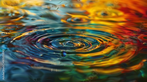 With each gentle ripple, oil colored circles in water expand and contract, their vibrant colors blending and shifting in a graceful display of fluidity.