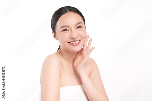 Beautiful young asian woman with clean fresh skin on white background, Face care, Facial treatment, Cosmetology, beauty and spa, Asian women portrait. © kitthanes