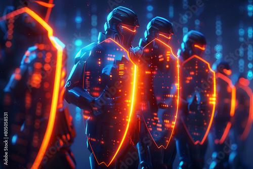 Cybersecurity warriors in digital armor, deflecting phishing attacks with glowing shields in cyberspace  photo