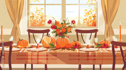 Autumn table setting with flowers and pumpkins in din