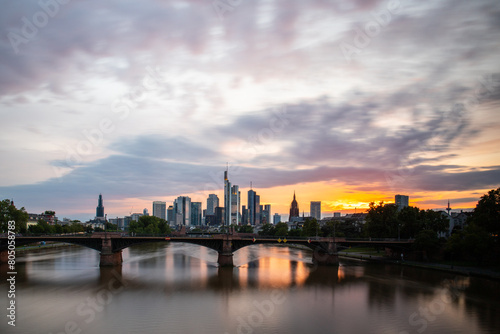 View from a bridge over the River Main to a skyline in the financial district in the background as the sun sets. Twilight in Frankfurt am Main, Hesse Germany