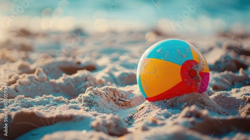 An electric blue beach ball rests on the sandy shore, adding a pop of color to the natural landscape surrounded by grass and soil. A fun fashion accessory for beach recreation AIG50 © Summit Art Creations