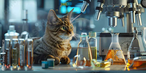 Cat chemist in the laboratory, Chemist Cat Conducting Experiments in a Laboratory, Kitten in a lab coat acting as a scientist with a microscope.  photo