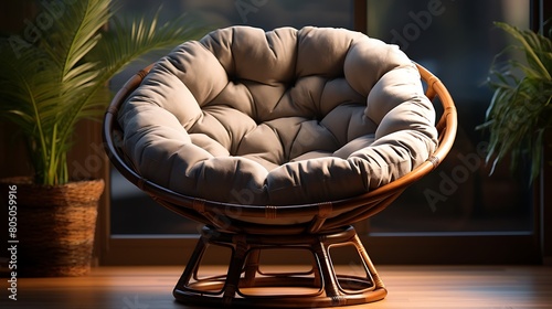 A cozy papasan chair with a soft cushion, inviting you to sink in and unwind after a long day photo