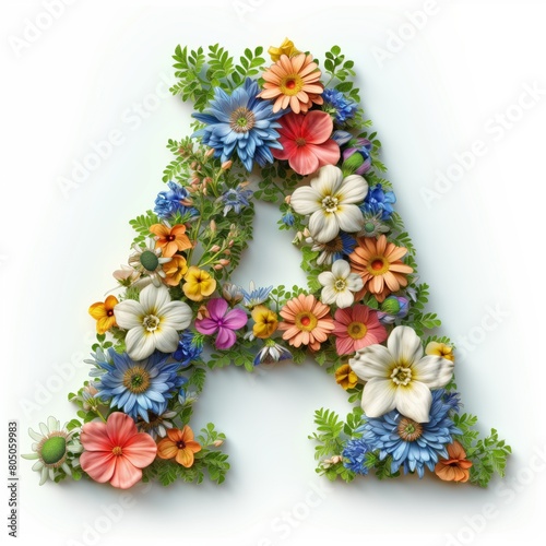 Abstract 3D render letter A made of colorful flowers on white background. Logo Letter B from sunner flowers. Design clipart element. Poster, Wallpaper. 3D illustration render.