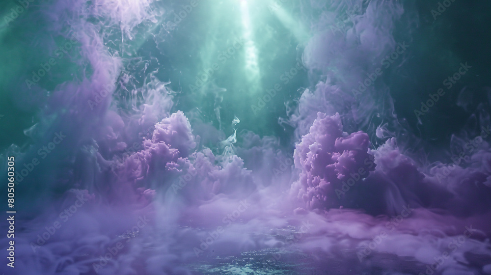 A stage covered in pale violet smoke under a sea green spotlight, offering a soft, magical atmosphere.
