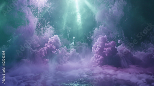 A stage covered in pale violet smoke under a sea green spotlight, offering a soft, magical atmosphere.