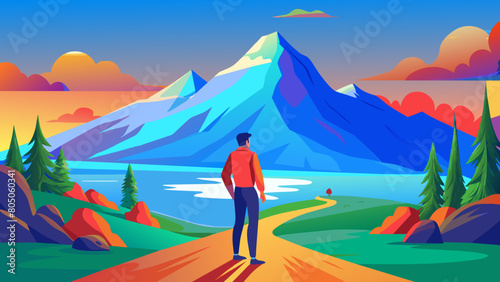 a man stands at the foot of the mountain and looks at its top
