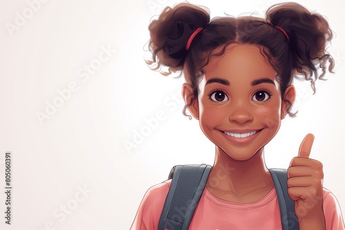 Portrait of african american little girl. Laughter and joy, smile and calmness. Multi ethnic society. Cartoon character, flat style, flat color illustration. Baner, logo, poster. Back to school photo