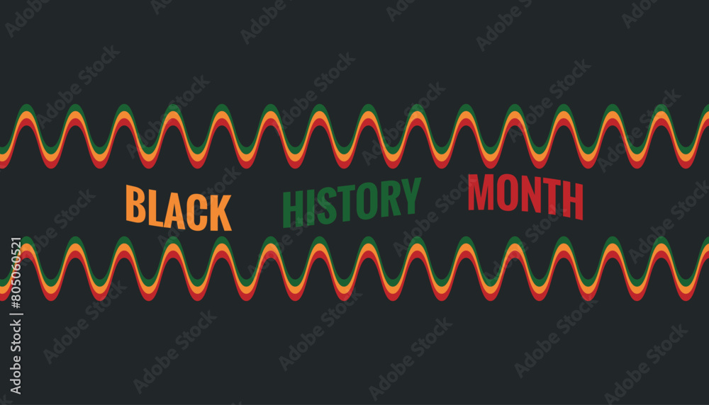 Black History Month horizontal black background and green, red, yellow abstract waves. African American History. Vector illustration.