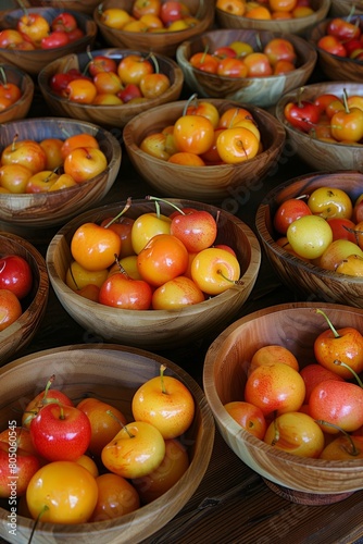 Ripe cherries in wooden bowls  cozy country kitchen warehouse vibe for dessert concept