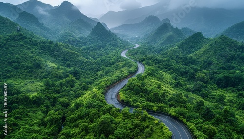 Winding road, green mountains and green forests on both sides, Chinese style, wide-angle lens aerial view, high-definition photo, green tone, winding road through the forest, green vegetation covering
