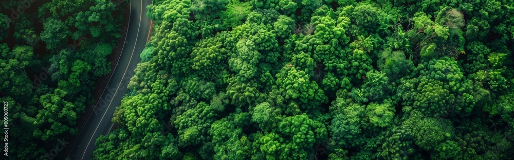 Winding road, green mountains and green forests on both sides, Chinese style, wide-angle lens aerial view, high-definition photo, green tone, winding road through the forest, green vegetation covering