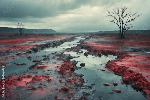 A desolate landscape with a red river and two dead trees photo