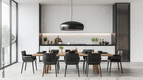 Modern dining room interior with a wooden table, black chairs, and a pendant lamp. Black and white background, minimalist concept. 3D Rendering hyper realistic  photo