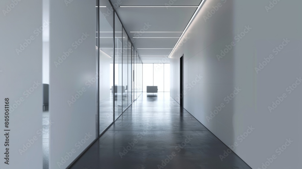 Modern office corridor or hallway interior with empty space over the white wall and the meeting room hyper realistic 