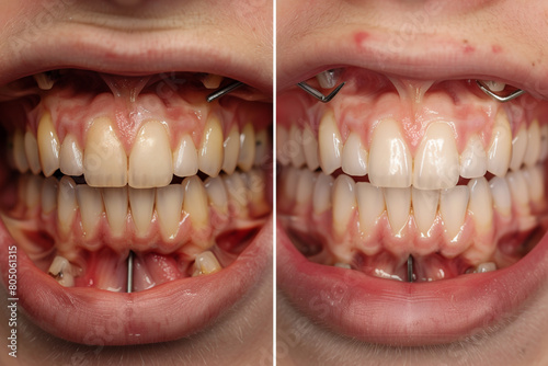 Detailed capture of a person's transformation with before and after dental alignment therapy, showcasing progress 