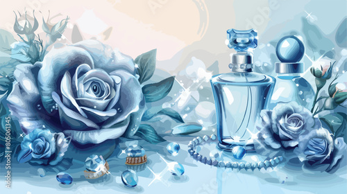 Beautiful blue roses perfume and jewelry on light background