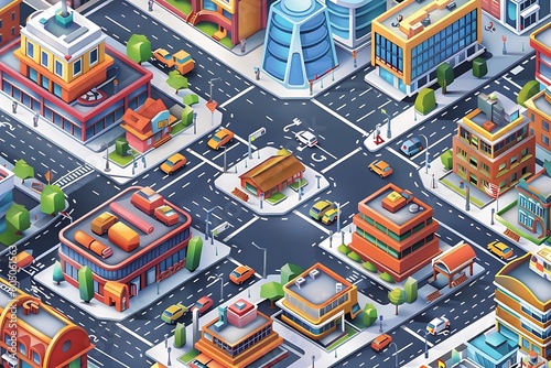 Flat isometric city road model vector. 3d building. Flat isometric megalopolis blocks infographics with roads and crossroads vector illustration. 3d isometry modern city buildings and architecture 