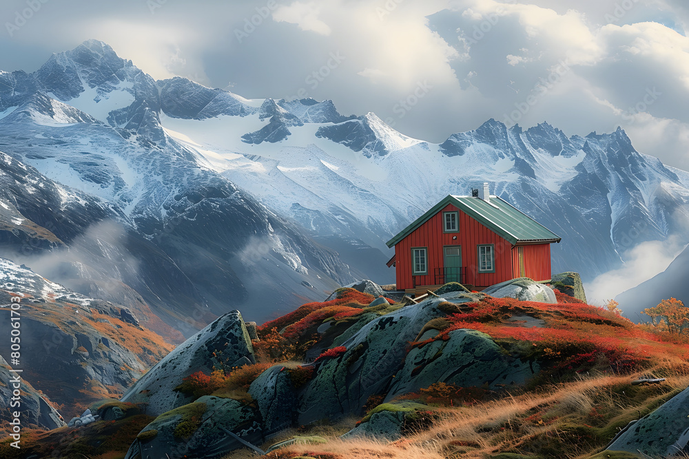 A red house with a green roof perches atop a snow-capped mountain, surrounded by snowy peaks A red house with a green roof perches atop a snow-capped mountain, surrounded by snowy peaks