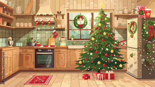 Beautiful Christmas tree in decorated kitchen Vector
