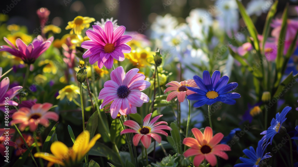 Fototapeta premium A vibrant flower garden bursting with colorful blooms, perfect for spring-themed designs.