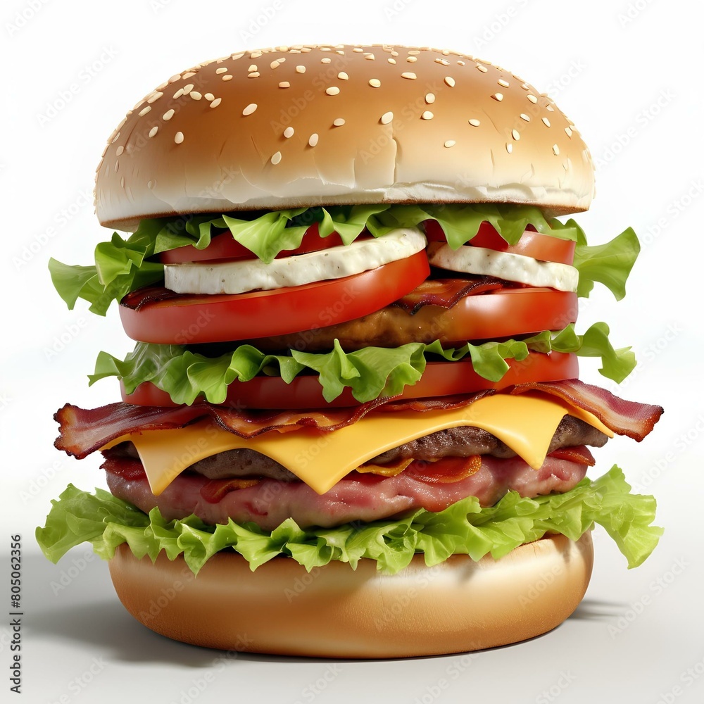 hamburger with bacon, lettuce, tomato, and cheese on a white background hamburger with bacon, lettuce, tomato, and cheese on a white background