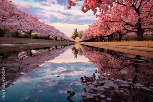 Reflecting Pool: A still pond reflecting the cherry blossoms and the sky.