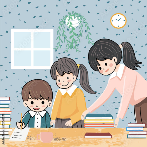 Mother help children doing homework at home. Vector illustration in cartoon style.