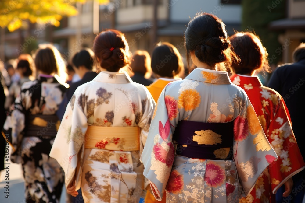 Traditional Kimono Parade: People parading in traditional kimonos, showcasing the beauty of Japanese culture. Traditional Kimono Parade: People parading in traditional kimonos, showcasing the beauty of Japanese culture.
