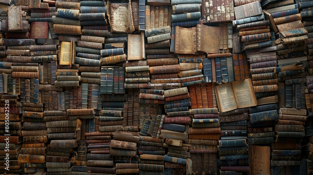 A tower of books piled high on top of another stack of books A tower of books piled high on top of another stack of books