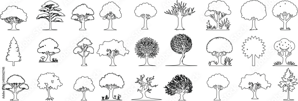 Tree illustration, trees line art vector set, Captivating, creative, nature inspired tree line illustrations perfect for projects. Botanical, woodland, flora, sketching themes dominate