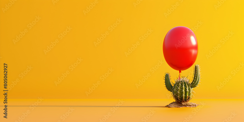 Red balloon floating above a cactus against a blue sky minimalist conceptual simple composition with vivid colors and nature. 