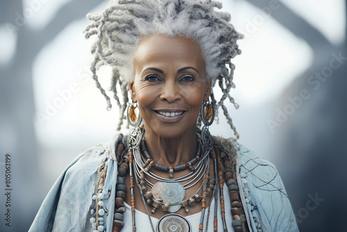 stylized portrait of a mature woman with rich jewelry. photo