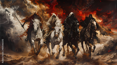 Four Horsemen of the Apocalypse - white for conquest, red for war, black for pestilence or famine, and pale for death black background desert landscape photo