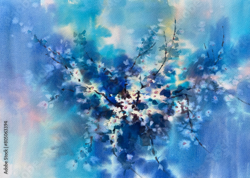 White spring flowering on blue abstract watercolor background