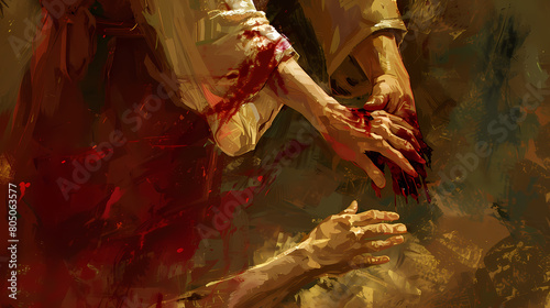Illustrated style. The Woman with the Issue of Blood Touches Jesus's Garment. Power of Belief: Touching Jesus's Garment, the Woman Finds Immediate Healing from Her Twelve-Year Hemorrhage