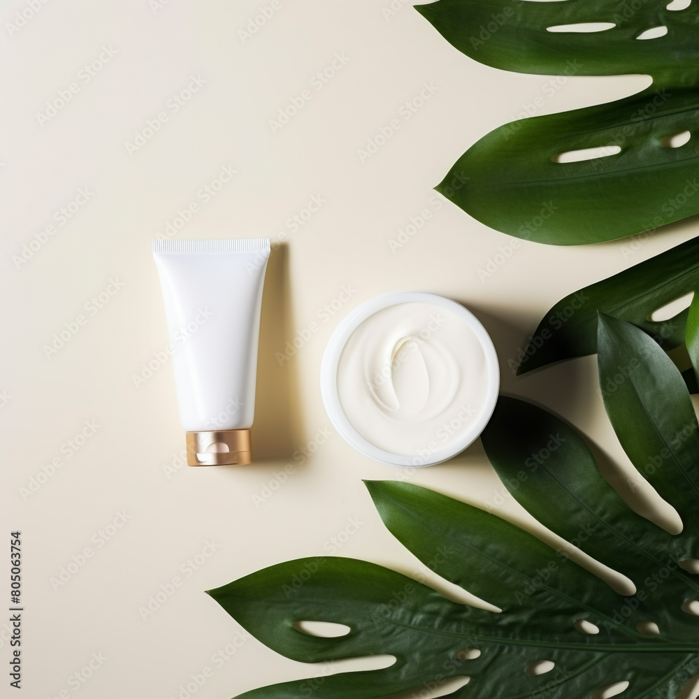 Top view of organic cosmetic cream and tube on a neutral background with tropical leaves Top view of organic cosmetic cream and tube on a neutral background with tropical leaves