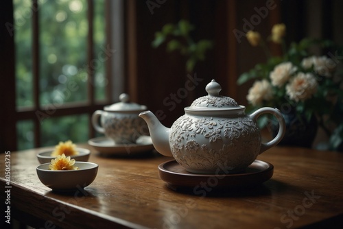 A white tea pot sits on a wooden table with a tray underneath it