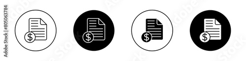 Invoice icon set. pay tax receipt vector symbol. order total bill paper pictogram. payroll document sign. digital reciept icon in black filled and outlined style. photo