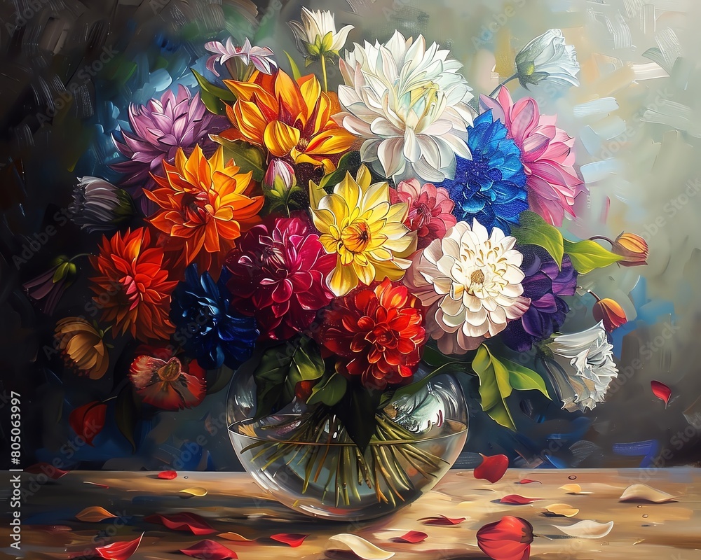 A beautiful still life painting of a vase of flowers